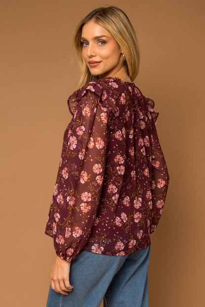 Burgundy Floral Print Tie-Neck Blouse