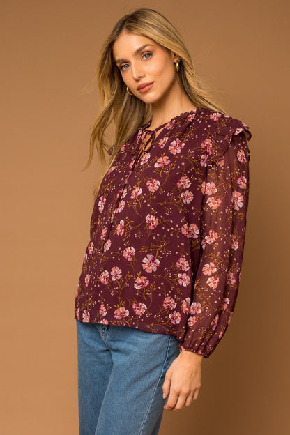 Burgundy Floral Print Tie-Neck Blouse