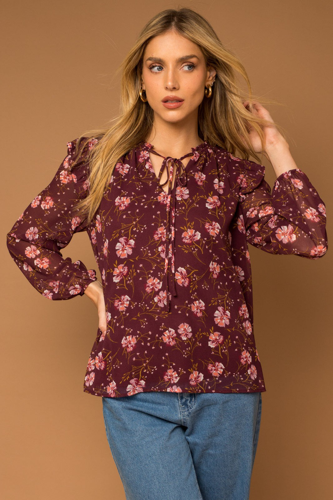 Burgundy Floral Print Tie-Neck Blouse