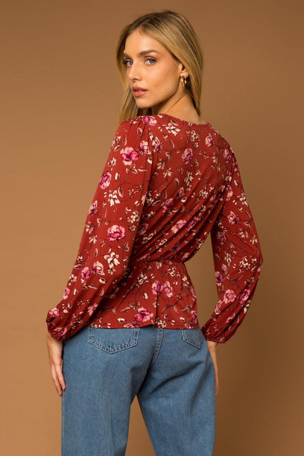 Rust Floral Print Wrap Blouse