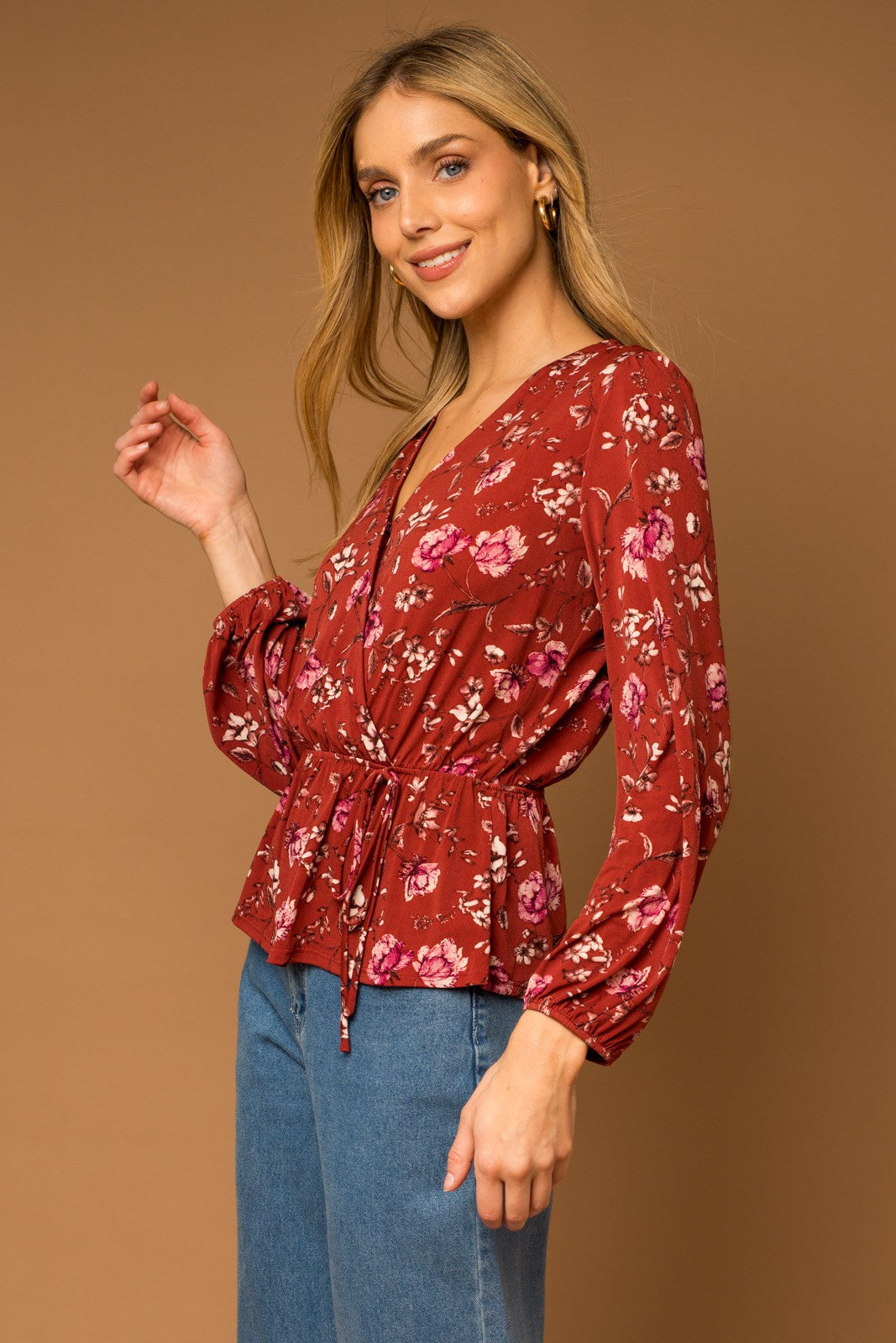 Rust Floral Print Wrap Blouse