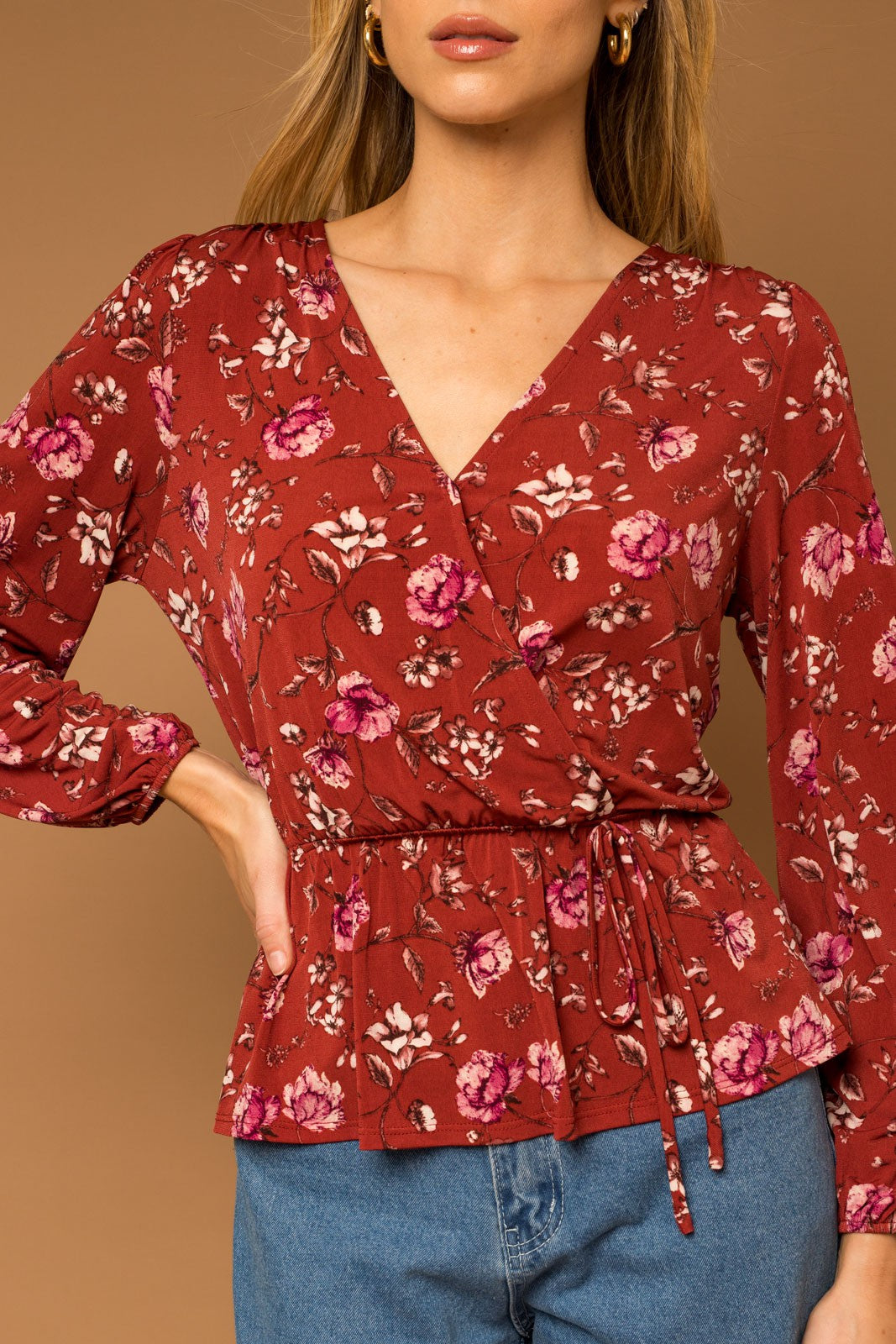 Rust Floral Print Wrap Blouse