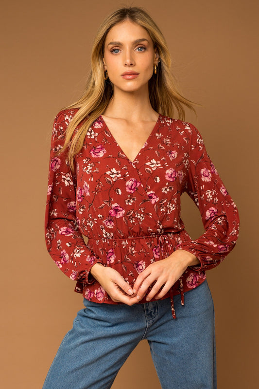 Rust Floral Print Wrap Blouse