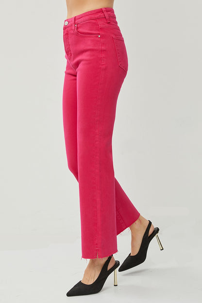 Stacey High Rise Tummy Control Raw Hem w/Side Slit Straight in Fuchsia