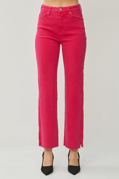 Stacey High Rise Tummy Control Raw Hem w/Side Slit Straight in Fuchsia