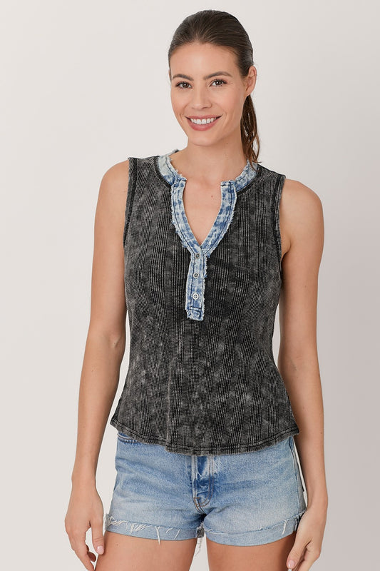 Washed Waffle Knit Sleeveless Henley Top by Mystree