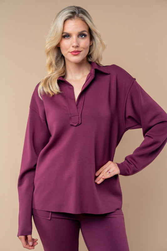 Notched Neck Collared Pullover