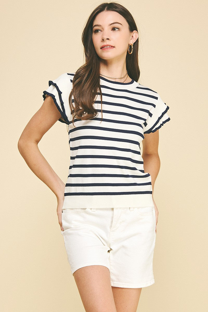 Striped Ruffle Sleeve Sweater Top by Pinch