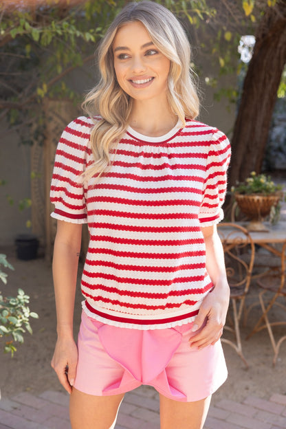Striped Puff Sleeve Top with Contrast Band