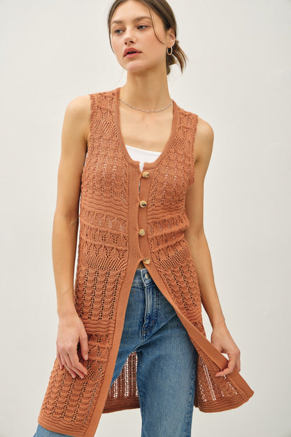 Crochet Button Up Midi Duster Vest