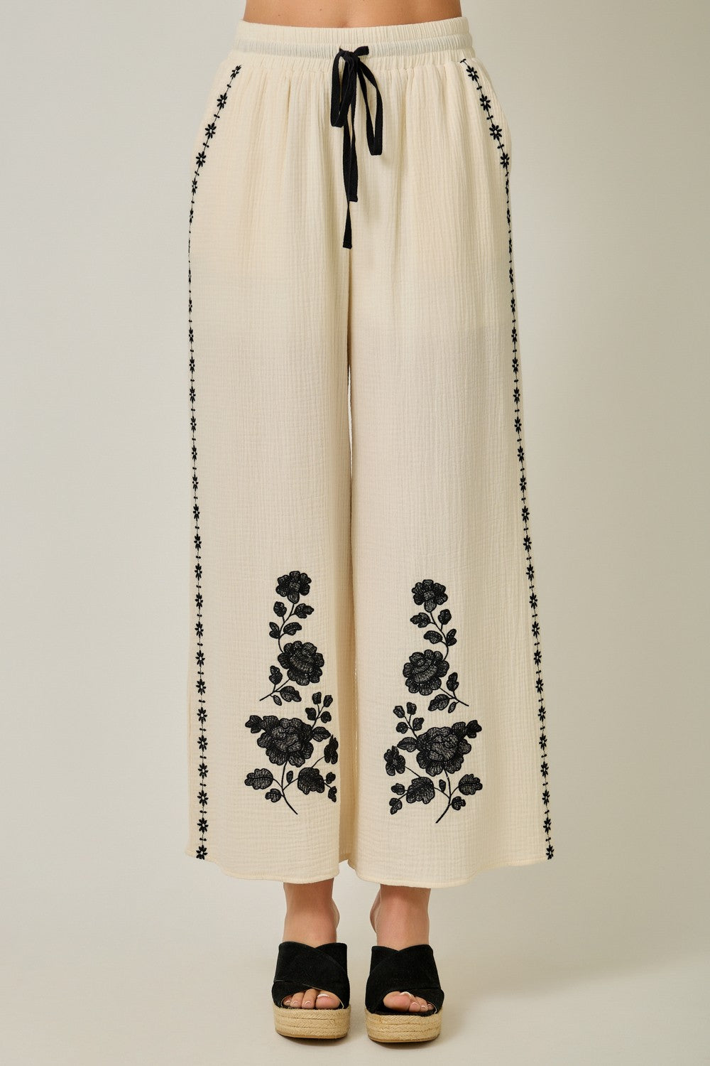 Sweet Escape Embroidered Cotton Gauze Pants in Ivory by Mystree