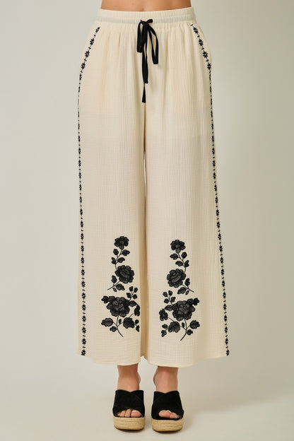 Sweet Escape Embroidered Cotton Gauze Pants in Ivory by Mystree