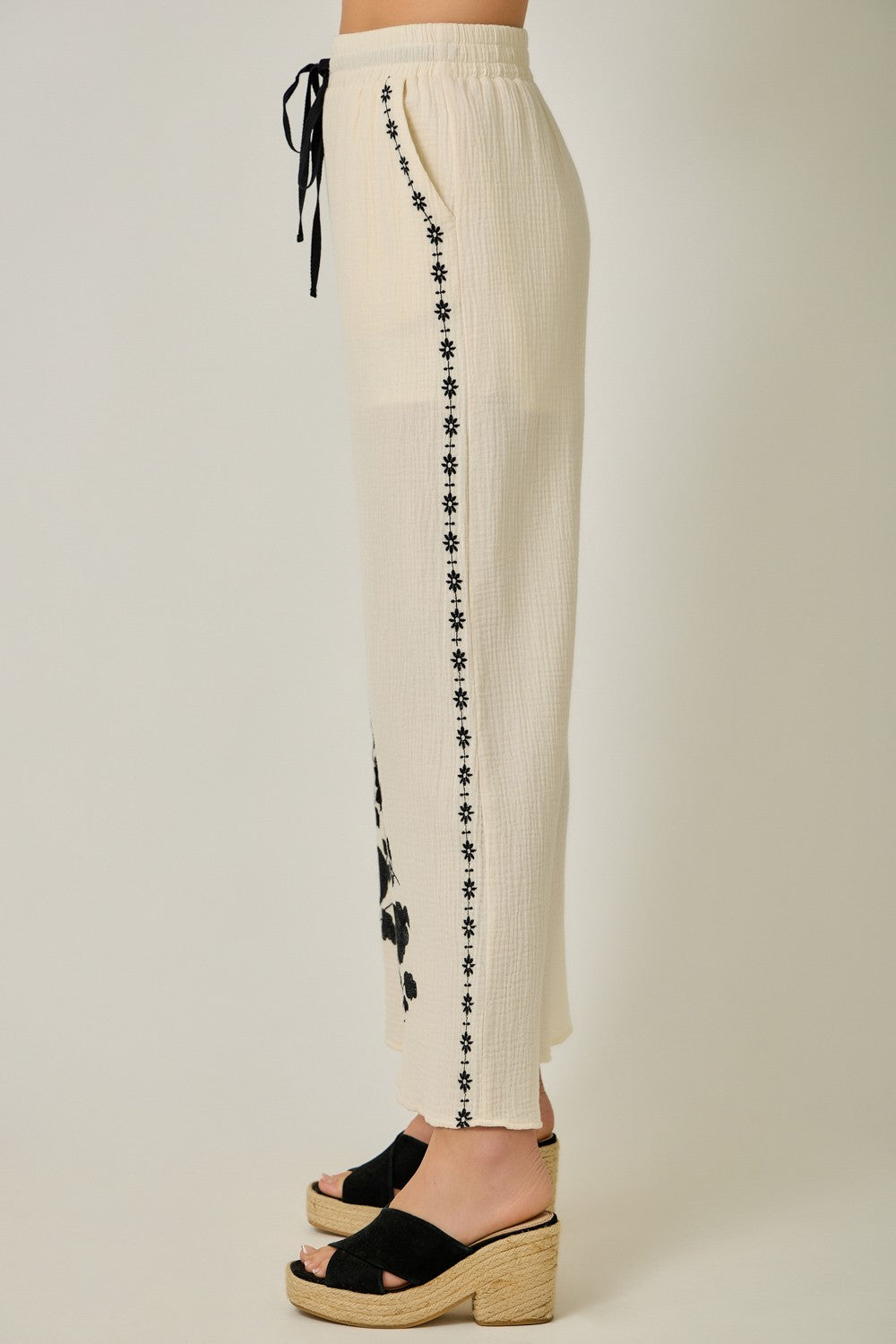 Sweet Escape Embroidered Cotton Gauze Pants in Ivory by Mystree