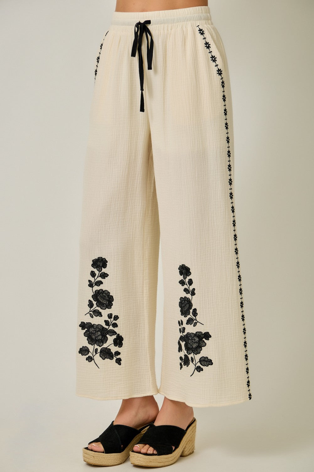Sweet Escape Embroidered Cotton Gauze Pants in Ivory by Mystree