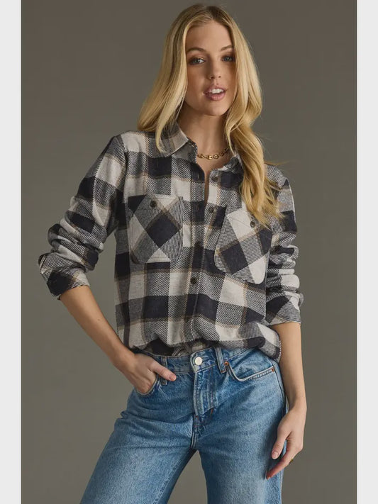 Navy, Brown & Cream Plaid Super Soft Button Up