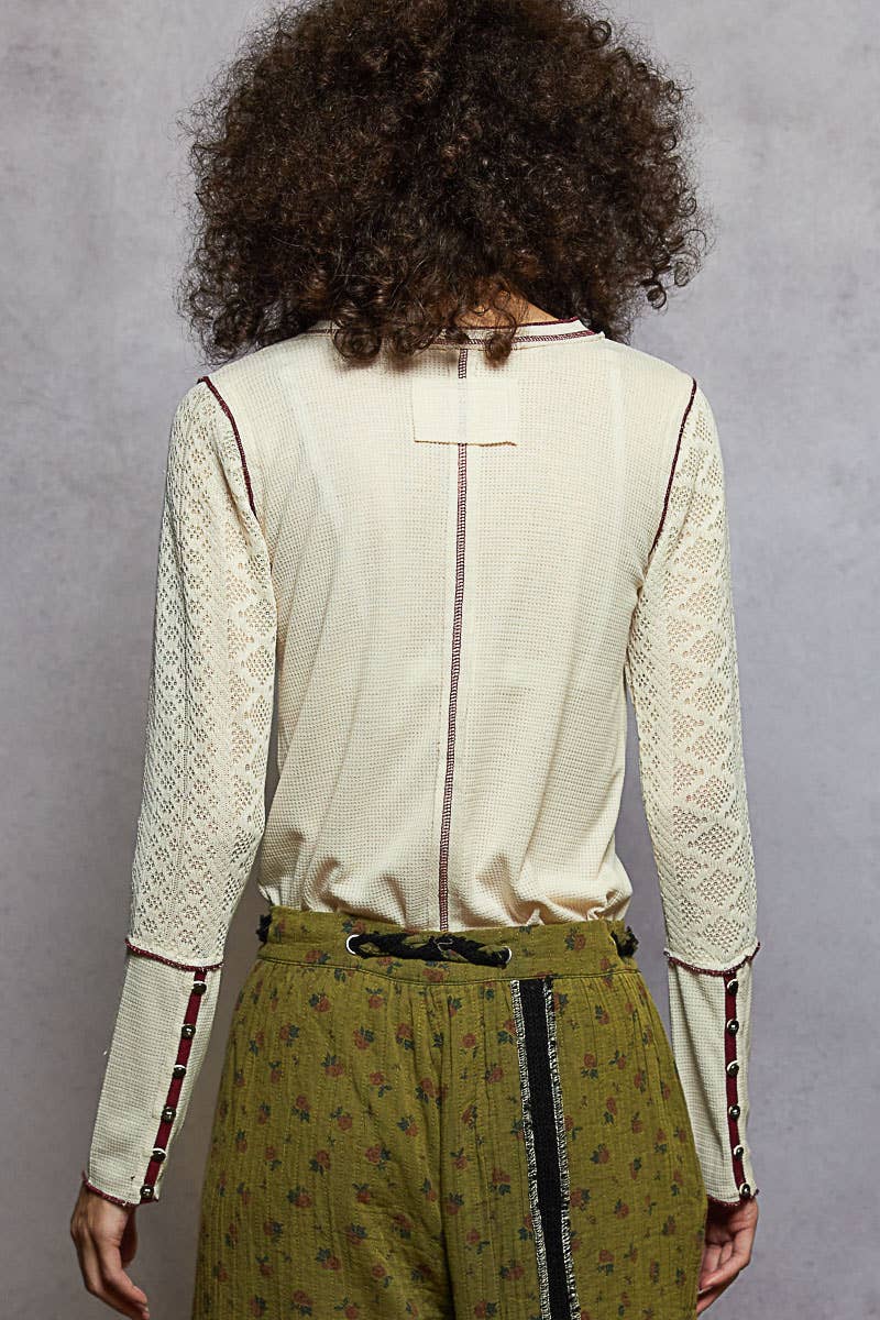 Round neck solid cut and sew knit mix knit top