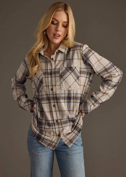 Black, Light Grey & Brown Plaid Super Soft Button Up
