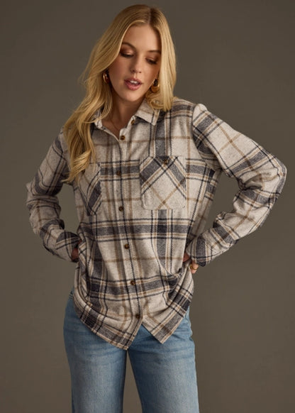 Black, Light Grey & Brown Plaid Super Soft Button Up