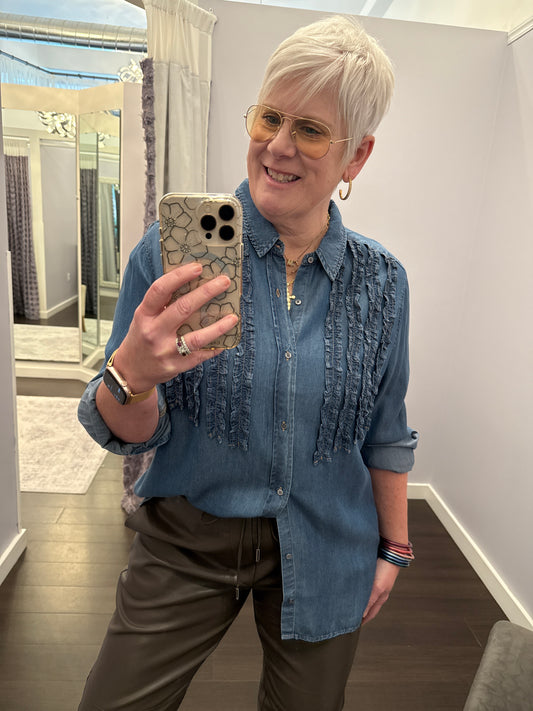 Galina Tencel Top with Tuxedo Ruffle by Dear John