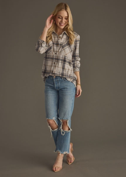 Black, Light Grey & Brown Plaid Super Soft Button Up