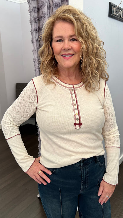 Round neck solid cut and sew knit mix knit top