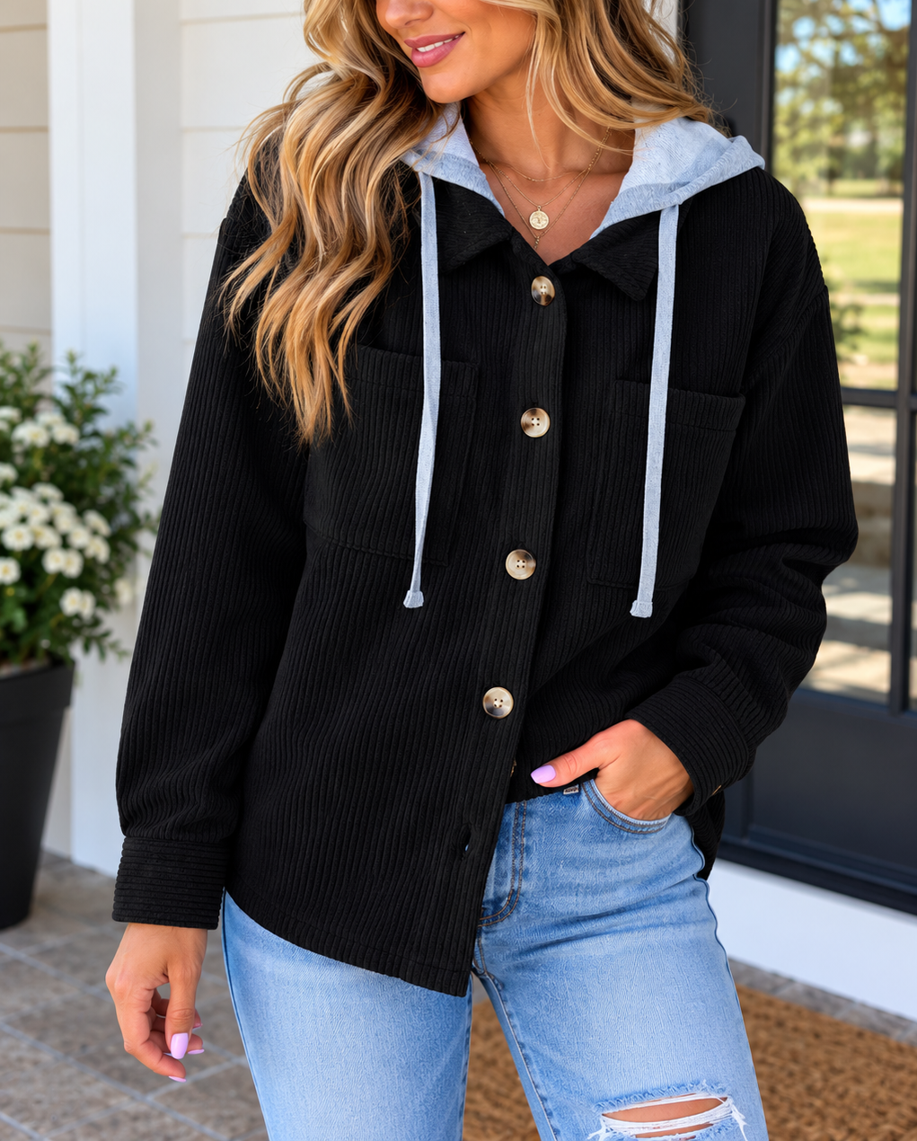 PRE ORDER Campfire Cozy Hooded Corduroy Shacket - Black (ETA 11/15)