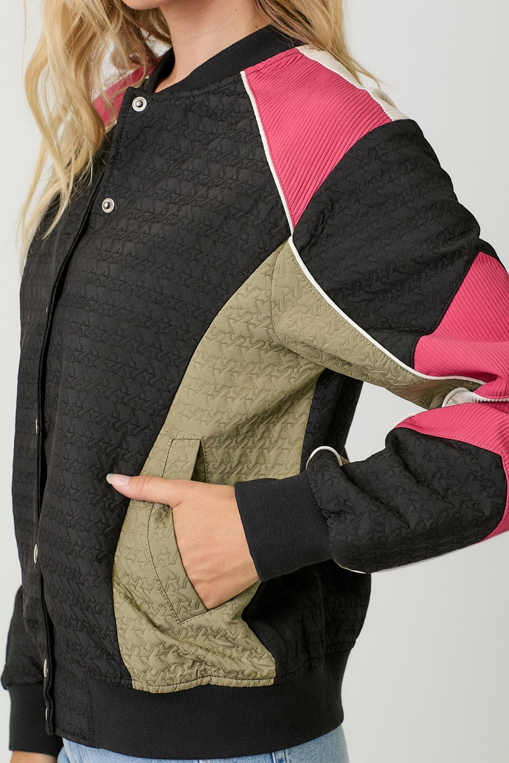 Color Block Textured Bomber Jacket