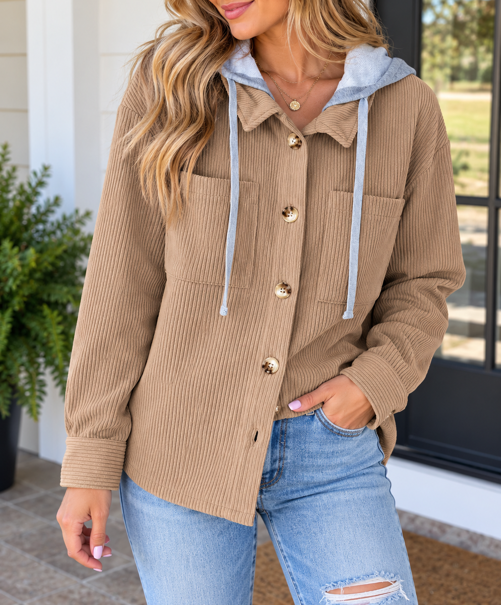 PRE ORDER Campfire Cozy Hooded Corduroy Shacket - Beige (ETA 11/15)