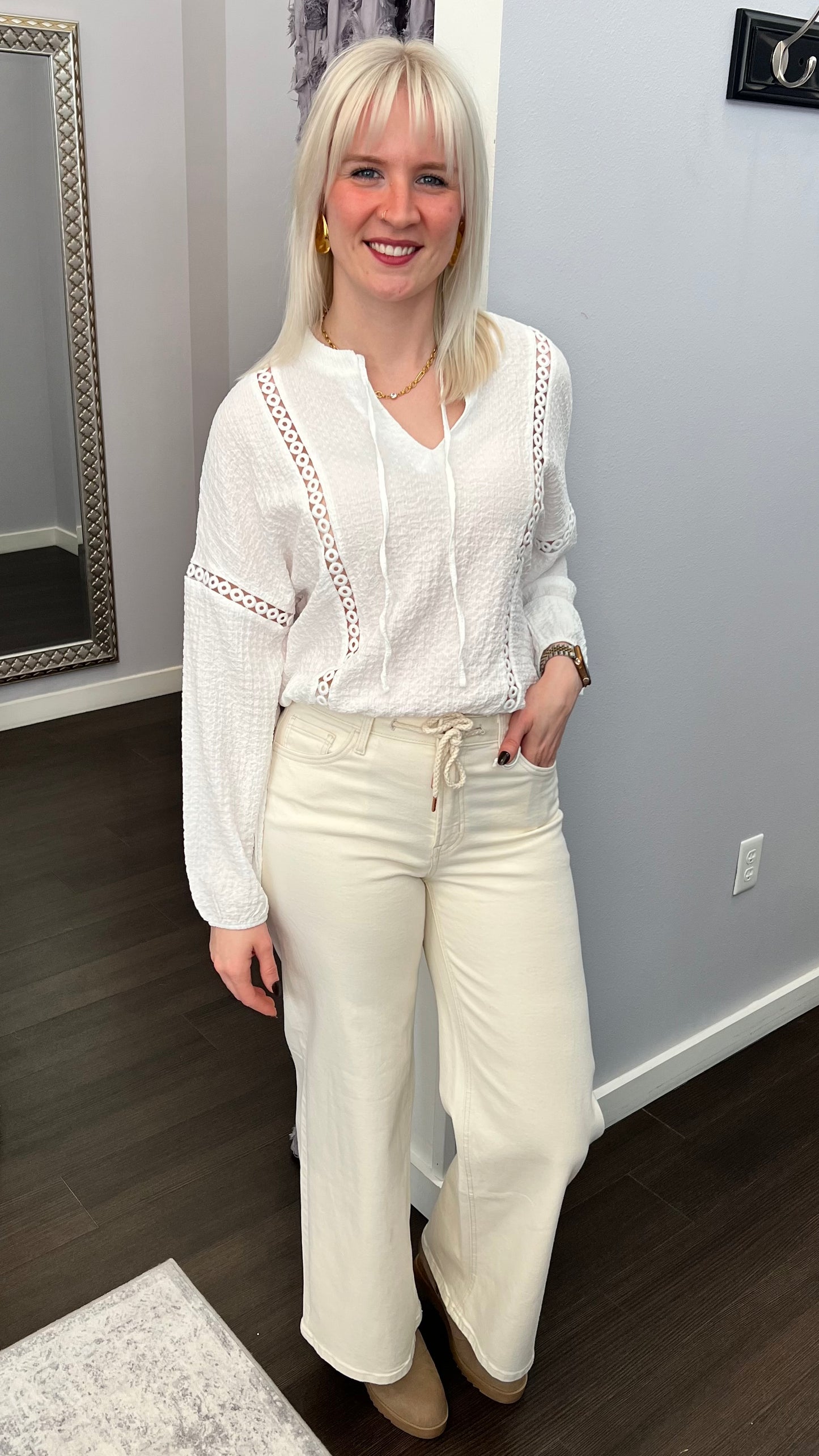 Cream Dream Drawstring Wide Leg Jeans by Vervet