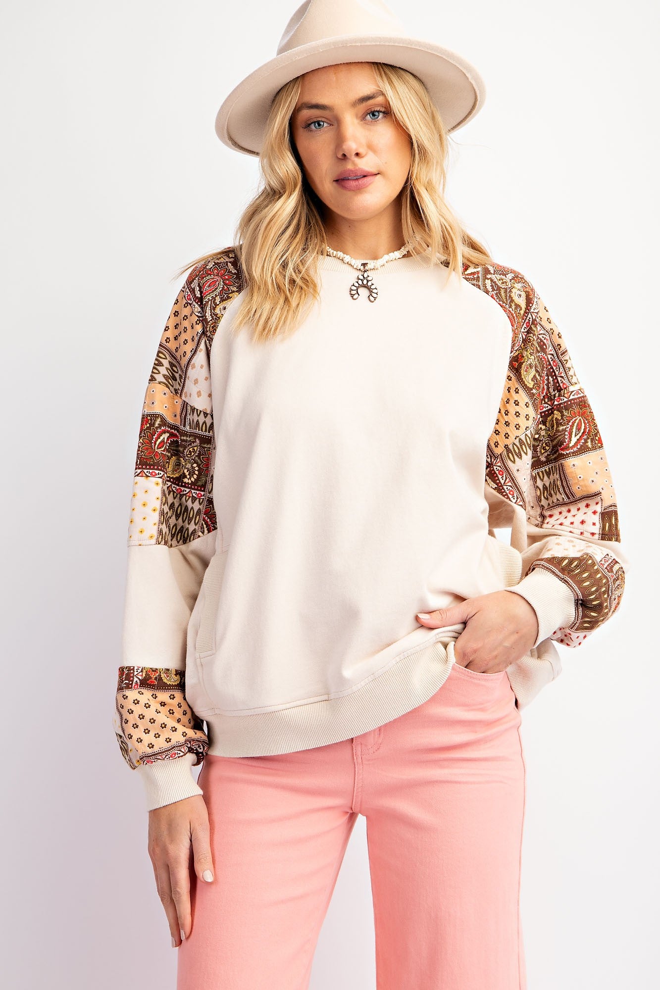 Mix Print Sleeve Mineral Wash Pullover