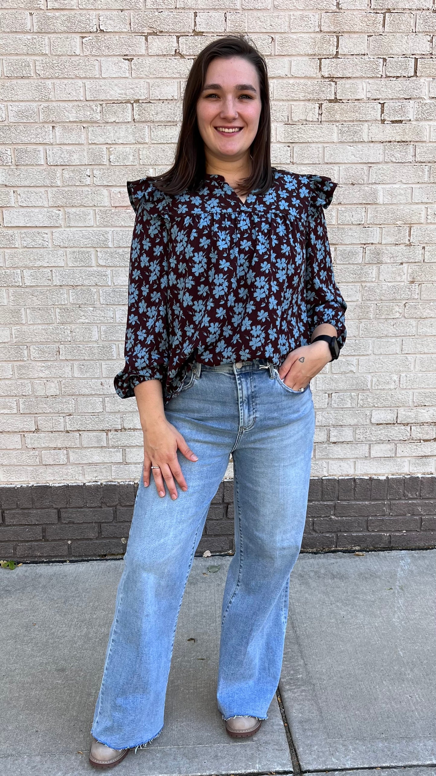 Two Tone Floral Print Blouse