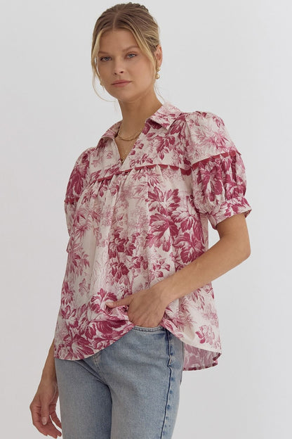 Fall Floral Print V-Neck Top