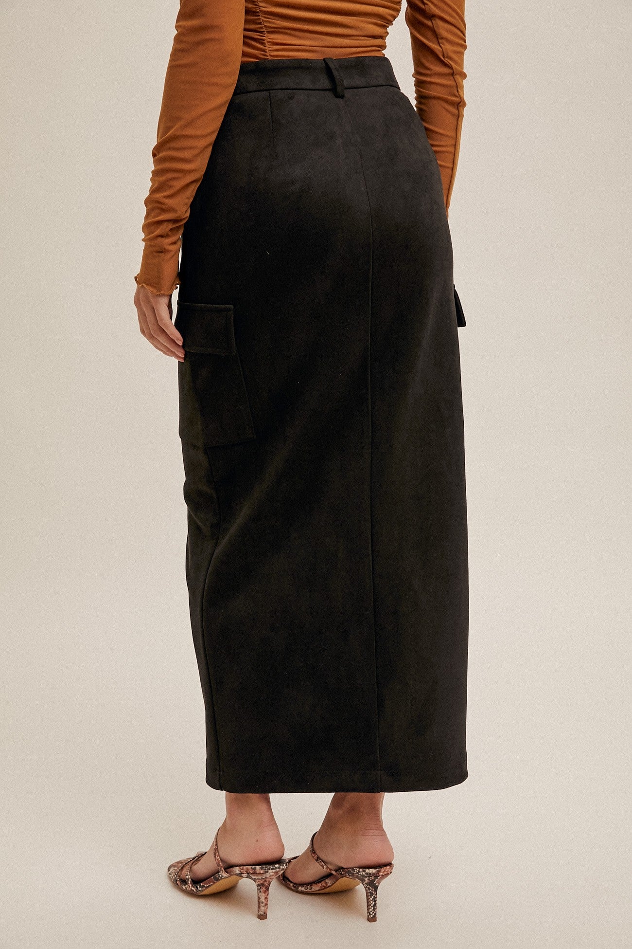 Faux suede midi skirt black best sale