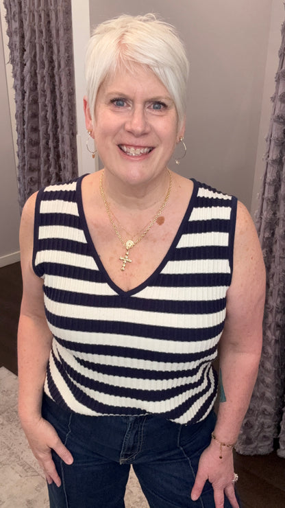 Celia Sweater Vest in Black Iris Stripe by Dear John