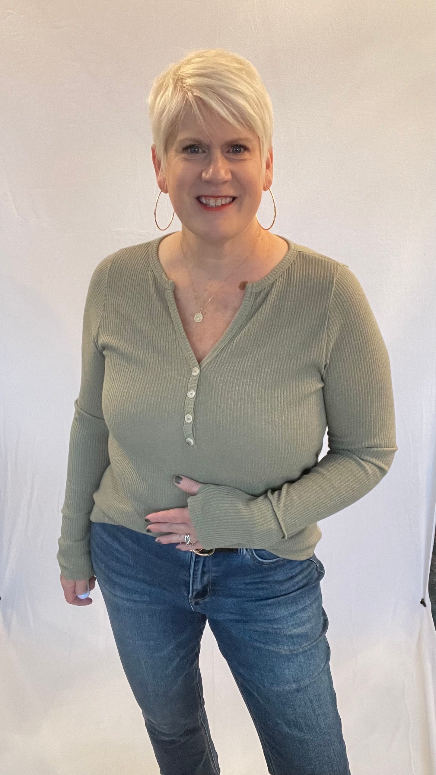 Ribbed Knit Top With Button Detail
