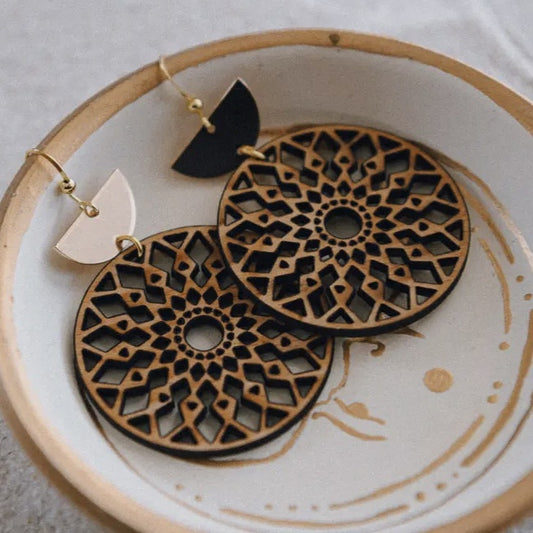 Gold Plated Half Moon Tierred Mandala Wood Earring