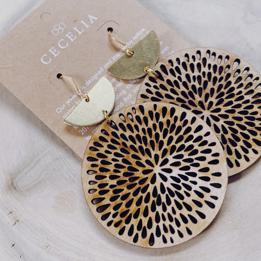 Gold Plated Half Moon Tierred Pomegranate Wood Earring