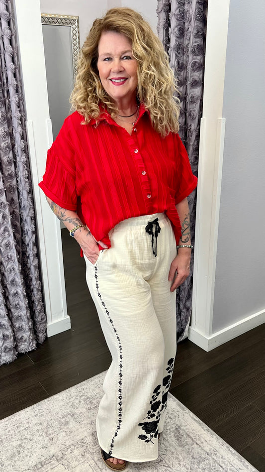 Sweet Escape Embroidered Cotton Gauze Pants in Ivory by Mystree