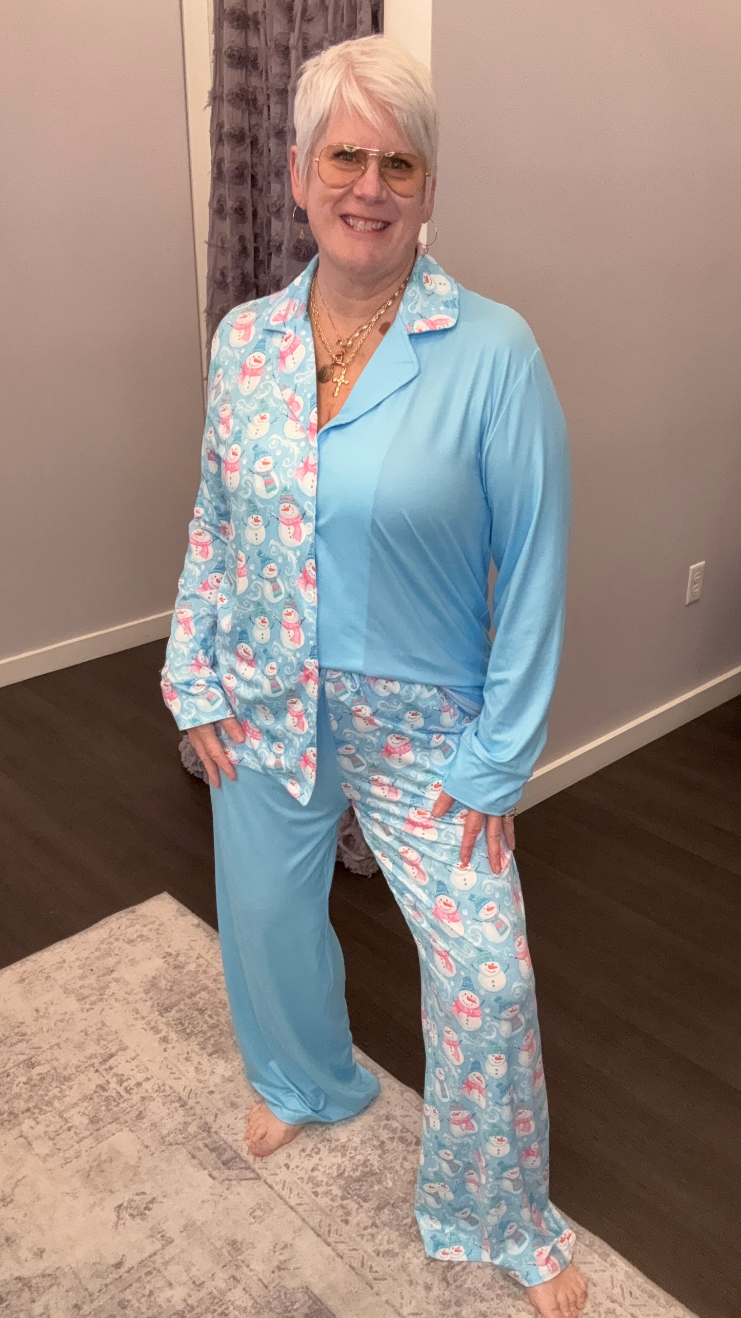 Salty Wave Snowmen Sledding Blue Wide Leg Pajama Set - VALUE OF $64.95