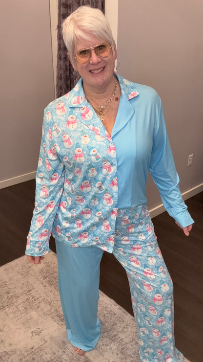 Salty Wave Snowmen Sledding Blue Wide Leg Pajama Set - VALUE OF $64.95