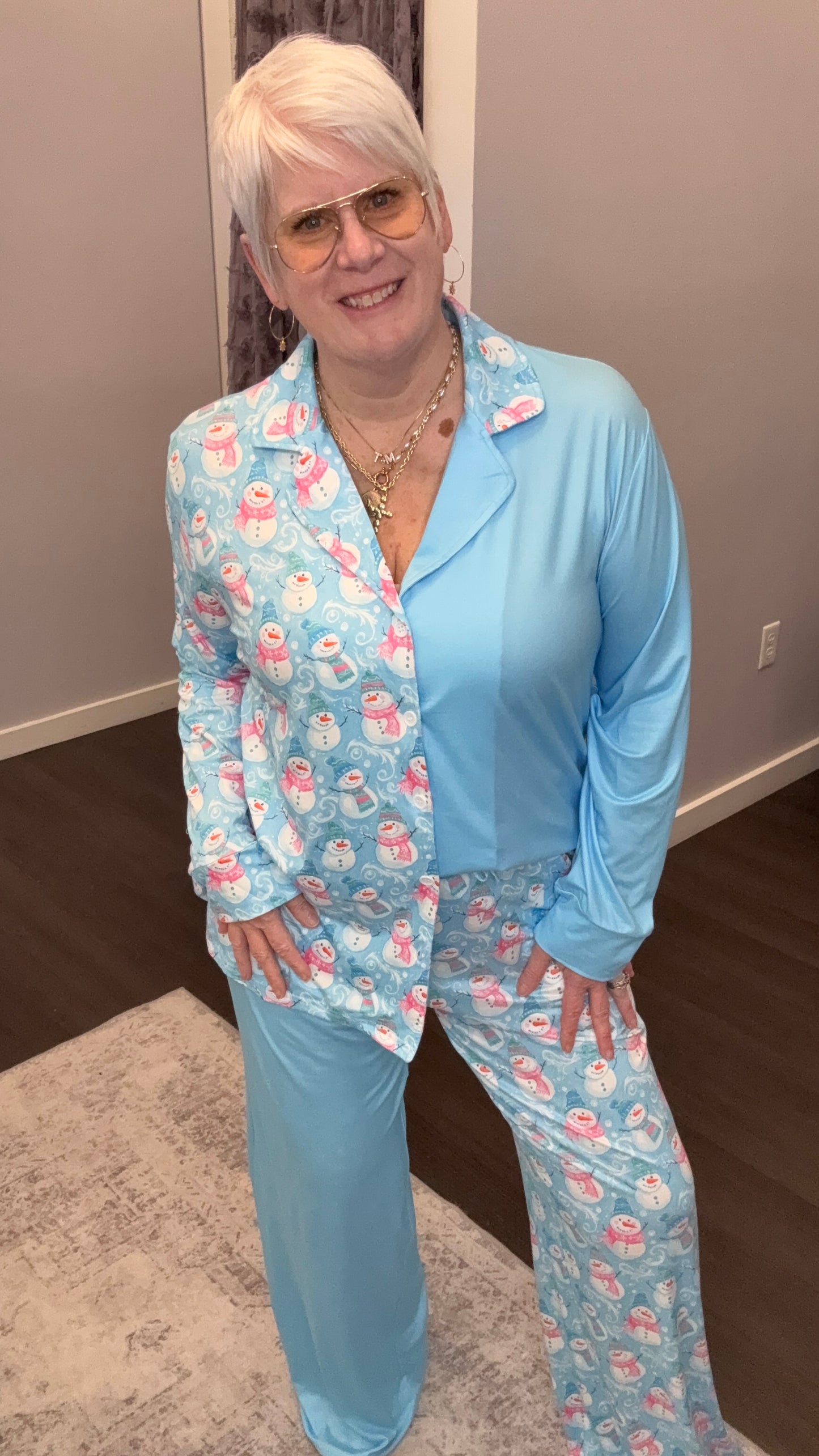 Salty Wave Snowmen Sledding Blue Wide Leg Pajama Set - VALUE OF $64.95