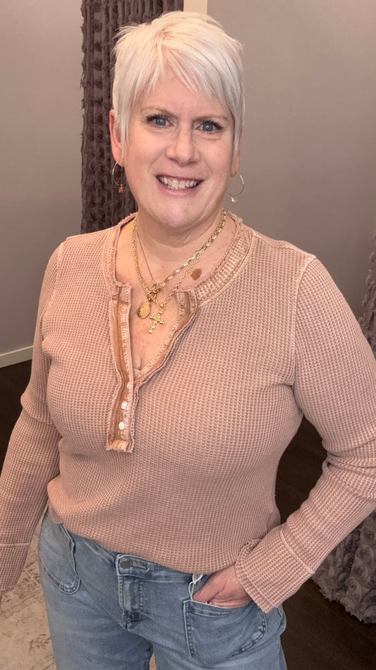 Luna Waffle Knit Top in Pink Clay by Dear John