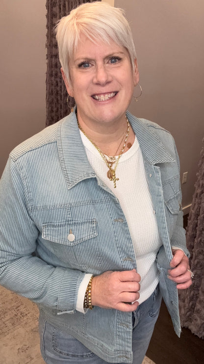 Ainsley Denim Jacket in Railroad Stripe by Dear John