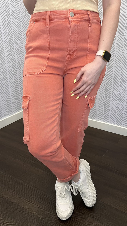 High Rise Cargo Roll-Up Slim Straight in Peach Blossom by Risen