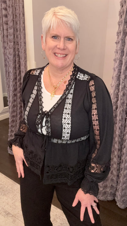 Midnight Lace Tie-Front Blouse by Dex