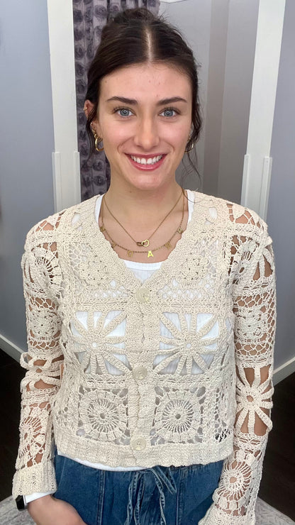 Softly Spoken Crochet Cardi in Soft Oat Milk by Dex
