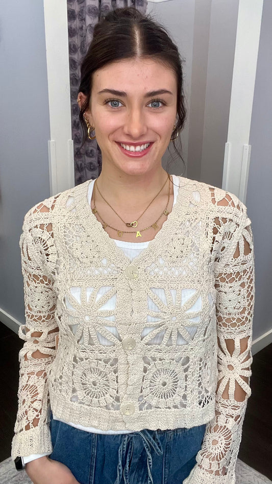 Softly Spoken Crochet Cardi in Soft Oat Milk by Dex