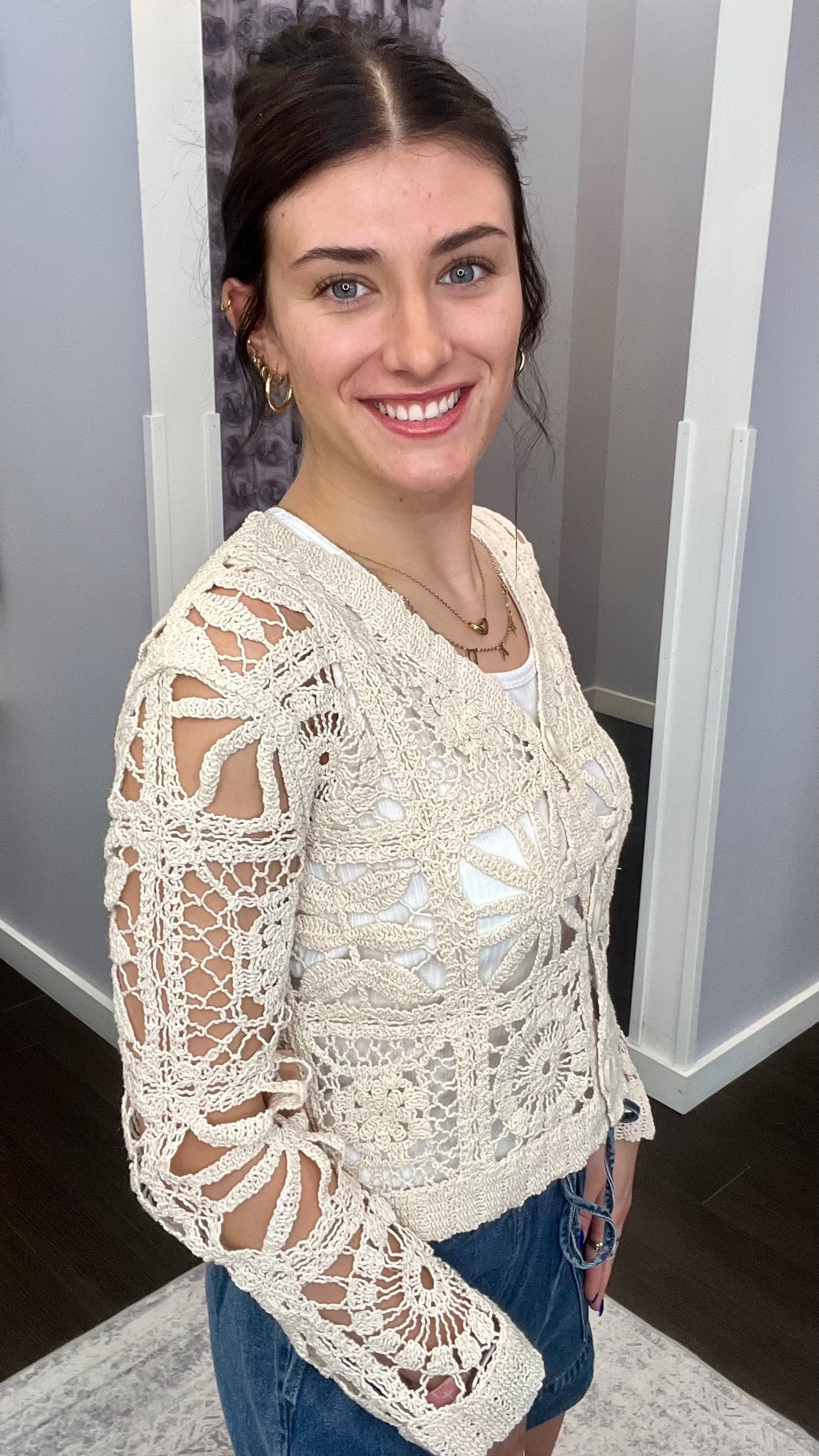 Softly Spoken Crochet Cardi in Soft Oat Milk by Dex