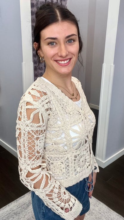 Softly Spoken Crochet Cardi in Soft Oat Milk by Dex