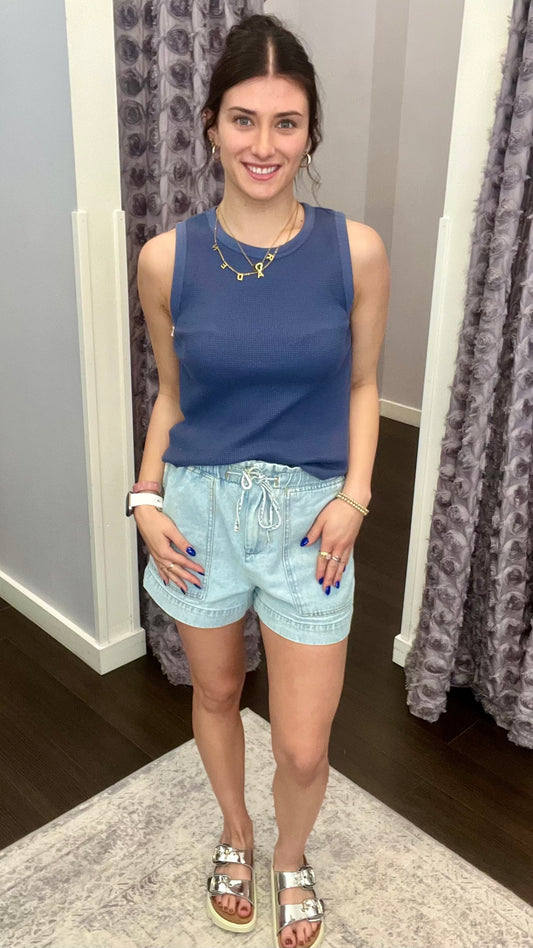 Sunny Stroll Chambray Shorts in Bleached Wash by Dex